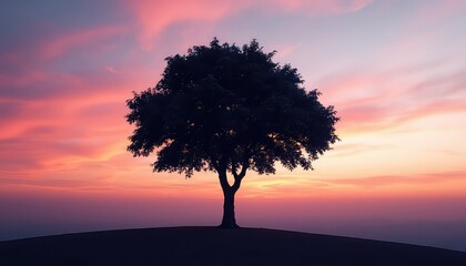 Solitary Tree Silhouette on Horizon Under a Warm Sky with Beautiful Pink and Orange Colored Clouds at Dusk