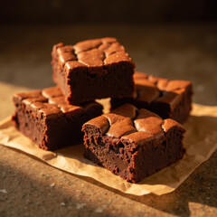 Delicious chocolate brownies stacked on parchment paper, showcasing rich texture and inviting appearance, perfect for dessert lovers