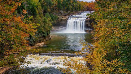 Explore the captivating allure of Tahquamenon Falls in Michigan State Park amid the vivid autumn hues, emphasizing the flowing root beer-toned river.