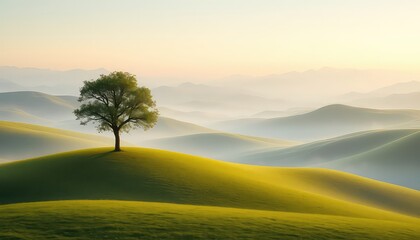 A single tree stands proudly on a grassy hill, overlooking a soft, rolling landscape bathed in the warm light of dawn