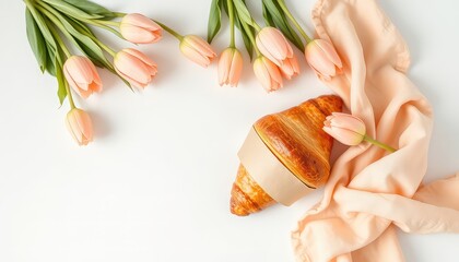 Golden croissant presented with soft peach tulips and draped fabric, ideal for welcoming spring mornings and cheerful celebrations