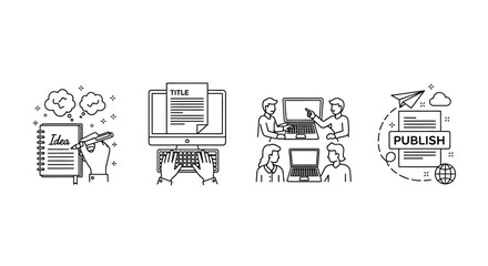 Four hand drawn sketch icons depicting teamwork technology collaboration and online publishing concepts vector