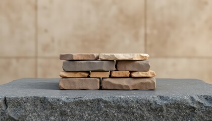 Artisanal stone pieces stacked thoughtfully on a granite surface, capturing texture, tone and earthy warmth with a soft focus backdrop