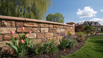 Beautiful stone wall with a garden featuring tulips and flox, seasonal change
