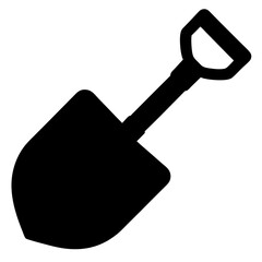 A black silhouette of a garden shovel tool for digging and gardening