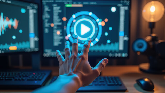 Hand reaching towards digital interface displaying audio visualizations and play button, symbolizing technology and creativity - Powered by Adobe
