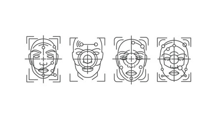 Abstract stylized faces blueprint sketches with technical measurement lines and grid structures vector