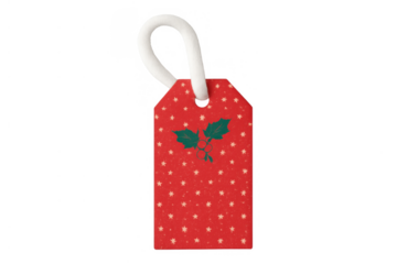 Red christmas gift tag with holly illustration and star pattern for holiday presents, isolated with transparent background