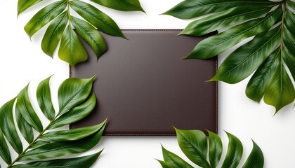 Square brown surface surrounded by vibrant green botanical foliage on a crisp white backdrop creates a fresh and natural aesthetic