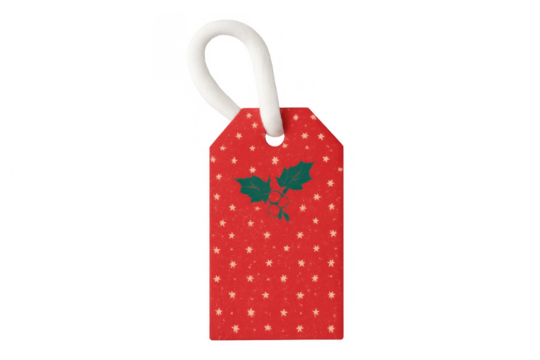 Red christmas gift tag with holly illustration and star pattern for holiday presents, isolated with transparent background