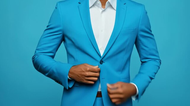 Man Buttoning Up a Bright Blue Suit Jacket Against Blue Background