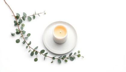 Minimalist Composition Featuring a Burning Candle with Green Foliage Accenting its Delicate Glow on a White Backdrop