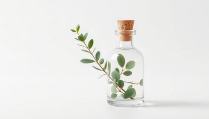 Branch of leaves in clear glass bottle with cork stopper, a natural and minimalist element for a modern lifestyle concept