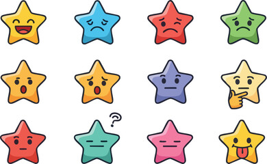 Collection of Cute Star Emoticons Expressing Various Emotions.