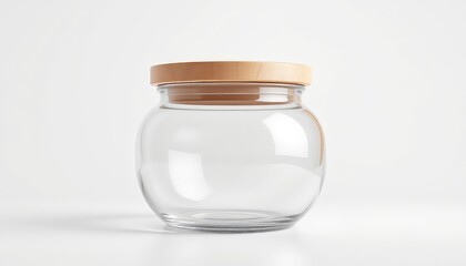 Empty glass storage container with smooth wooden lid sits on a solid white surface, ready for pantry organization