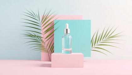 Serum bottle presented on a stage with soft pastel colors and botanical accents creates an inviting aesthetic beauty scene