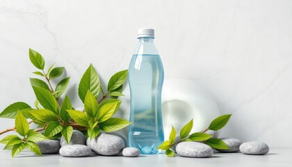 A refreshing drink of clean, clear water in a bottle presented with lush greenery and smooth, gray stones
