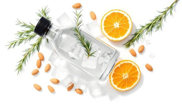Refreshing infused water bottle with orange slices, rosemary sprigs, and scattered almonds on a clean white surface
