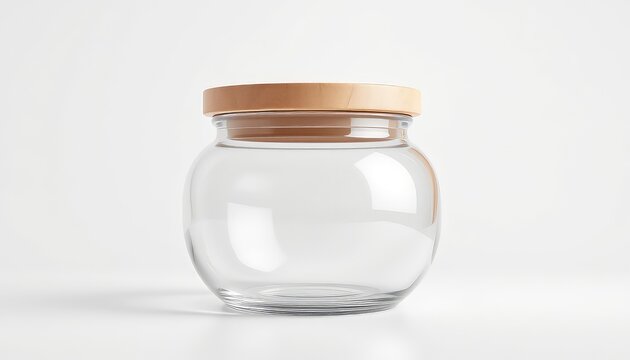 Empty glass storage container with smooth wooden lid sits on a solid white surface, ready for pantry organization