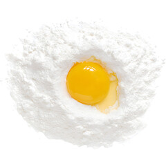 Egg yolk in flour isolated on transparent background, symbolizing baking, cooking, and culinary creativity.