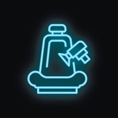 Glowing blue neon icon of a cctv camera recording a car seat, on a black background