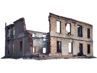 Abandoned ruined building isolated on transparent background, representing decay, history, and urban textures.