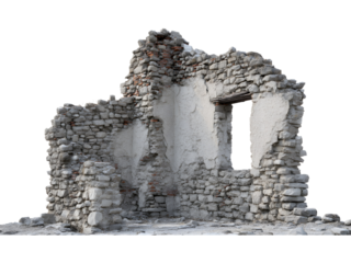 Abandoned ruined building isolated on transparent background, representing decay, history, and urban textures.
