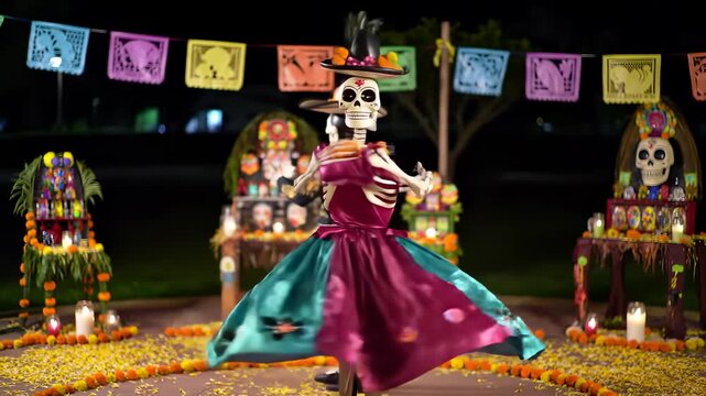 D?a de Los Muertos festival dancing with vibrant Catrina and charro skeletons celebrating Mexican culture under colorful papel picado and glowing marigolds at night