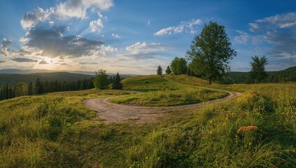 Obraz premium Fork, the intersection of multiple paths on lush green hills, exploration opportunity