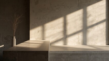 Concrete countertop and wall bathed in sunlight, enhancing warmth and texture