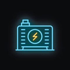 Bright neon icon depicting an electric generator, illuminating the concept of reliable backup power during outages