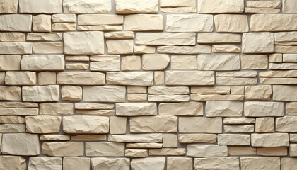 Fototapeta premium Irregular sized beige stones arranged to create a textured facade or wall, revealing varying depths and a cohesive building material appearance