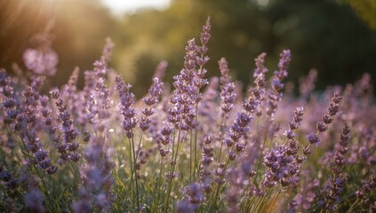 Fototapeta premium Sunlit lavender blooms captured up close in a meadow