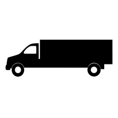 Black and white minimalist illustration of a long delivery truck icon