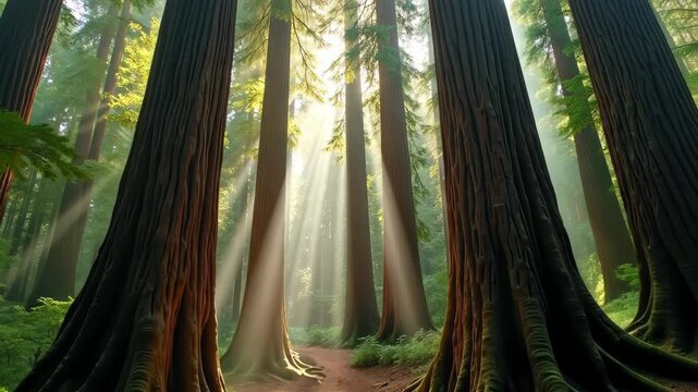 Sun rays shining through giant redwood trees in a mystical forest pathway with soft moss roots and lush green foliage, concept of travel agency, wellness retreat, eco turism