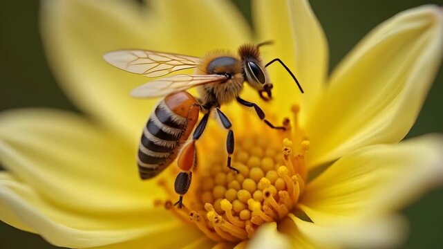 A highly detailed macro image of a honeybee in mid-flight as it collects nectar from a flower. The photo highlights the intricate structure of the bee s wings, fuzzy body