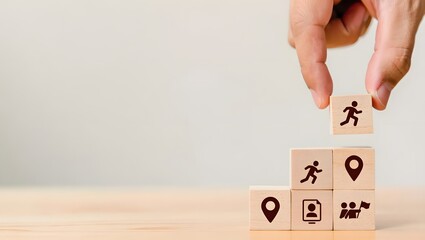 Career Path and Development Strategy Concept. Arranging wooden blocks with icons success roadmap and journey, symbolizing a structured career path and strategic development. Planning, growth, progress