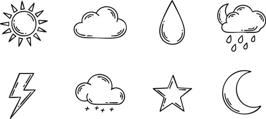 Weather Icons Sun Cloud Rain Lightning Star and Moon.