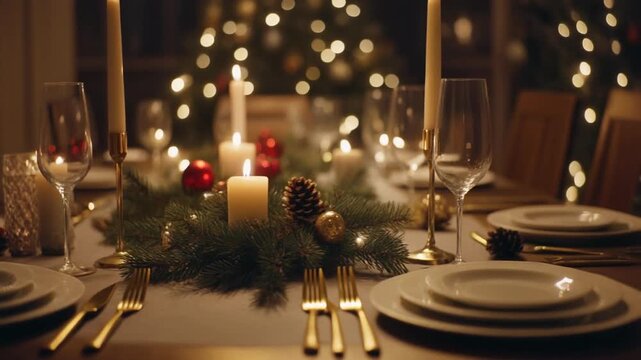 A gold-themed Christmas table decoration with champagne glasses, candles, and winter ornaments for the holiday celebration