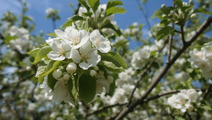 Vibrant apple flowers blooming beneath a clear sky
