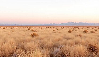 Fototapeta premium Golden Plains Stretching to Distant Mountains Under a Soft Hued Sky at Sunrise or Sunset, a Serene and Remote Landscape