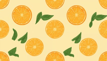 Obraz premium Vibrant citrus-themed seamless pattern featuring orange slices for textiles, tags, t-shirt designs, kids' room wallpaper, and fruity backgrounds.