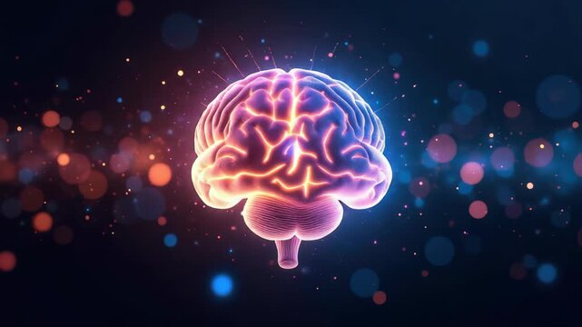 A glowing, holographic brain made of interconnected neon lines and particles, symbolizing artificial intelligence and data connectivity. Streams of data flow in and out, creating futuristic, cyber-it