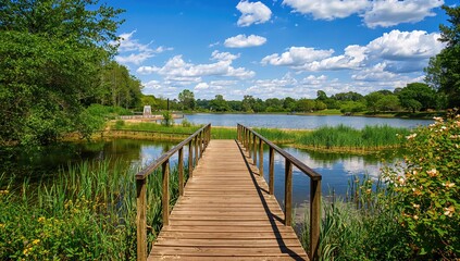 Naklejka premium Scenic outdoor view featuring a bridge spanning a calm pond in a natural park setting