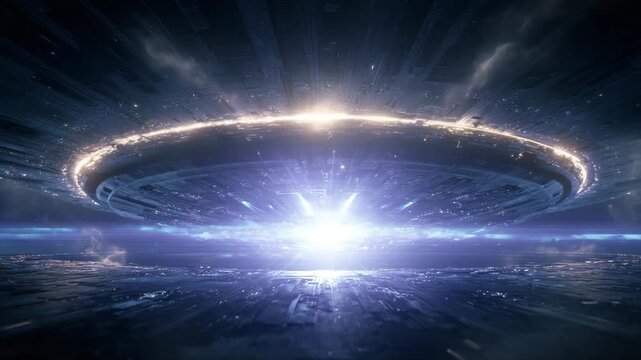 Futuristic Alien Mothership Blue Purple Illumination Flying Disc UFO Science Fiction Epic Invasion Extraterrestrial Concept Art Design For Games

