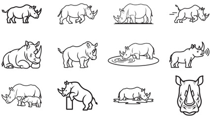 Obraz premium A collection of black line art icons depicting Rhinoceroses in various poses and actions.