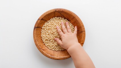 Baby hand reaching for pearl barley in a bowl, top-down shot on a white surface, promoting healthy eating for lifestyle content