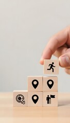 Career Path and Development Strategy Concept. Arranging wooden blocks with icons success roadmap and journey, symbolizing a structured career path and strategic development. Planning, growth, progress