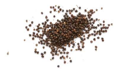Black peppercorns displayed on a light backdrop, culinary use for flavor enhancement