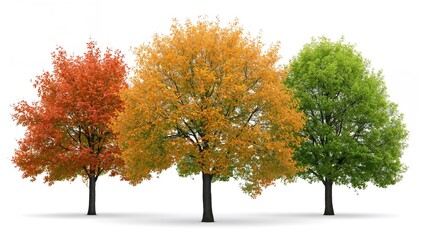 Naklejka premium Close-up view of multiple trees showcasing autumn and spring seasons on a white backdrop with clipping path
